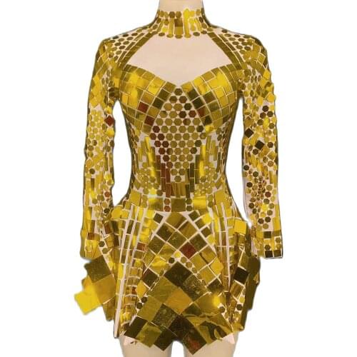 Shining Sequins Decoration Above Knee Mini Dress Long Sleeve Ladies Dance Costume Nightclub Performance Clothing Stage Wear