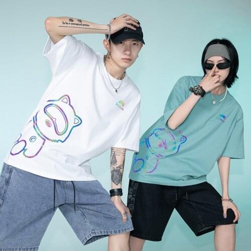 Reflective Cartoon Print Short Sleeve T Shirts For Men Women Harajuku Hip Hop Casual Streetwear Tees Shirt 2021 Summer Cotton