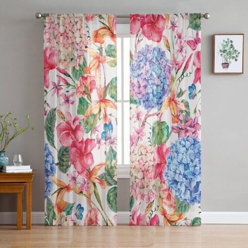 Spring Flower Butterfly Hydrangea Tulle Sheer Window Curtains for Living Room Kitchen Children Bedroom Voile Hanging Curtain