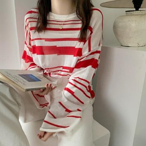 Tee-shirt Striped Womens Clothes 2021 Full Sleeve Pullovers Autumn Sun Protection Shirt Breathable Knitted Sweater for Female