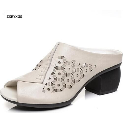 2020 New Fish Mouth Top Cowhide Leather Sandals Women Slippers Breathable Leather Slipper Women Shoes High Heels Summer Sandals