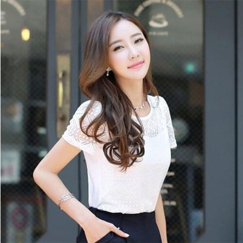 Women Tees Simple Clothing Slim Round Neck Tops Casual Short Sleeve Chiffon T-Shirt Sexy Hollow Lace Top For Women
