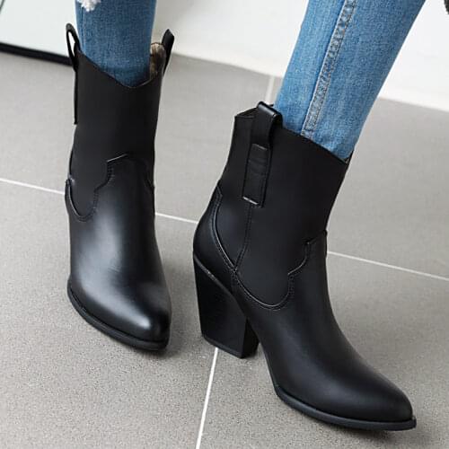 Lucyever Pointed Toe Western Cowboy Boots Women Autumn Pu Leather Block Heels Ankle Boots Woman Slip on Booties Plus Size 44