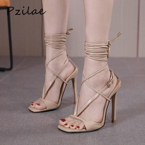 Pzilae New Gladiator Sandals Women Sexy Summer Shoes Square Toe High Heels Bandage Buckle Strap Pumps Lace Up Ladies Party Shoes