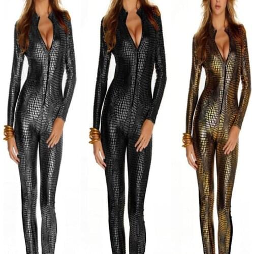 Women Sexy Snakeskin Zipper Jumpsuit Faux Leather Set Club Party Pole Dancing Costumes Halloween Cosplay Costumes Multi Colors
