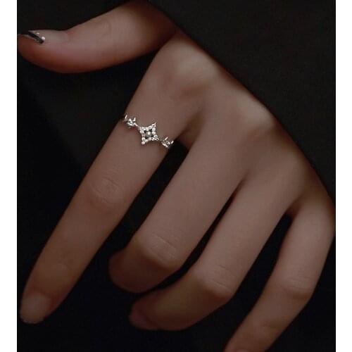 Four-pointed Star Crystal Cubic Zirconia 925 Sterling Silver Adjustable Finger Ring For Women Romantic Pearl Jewelry Korea Anel