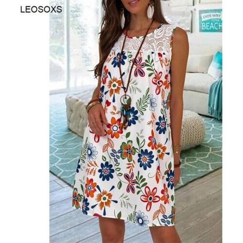 Womens Summer Dress 2021 New Sleeveless Floral Print Lace Stitched Crew Neck Vest Dress Casual Retro Loose Dresses