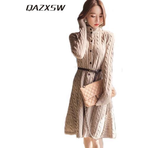 QAZXSW New Women Autumn Winter Knitted Sweater Dress Slim Long Cardigan Belt Turtleneck Thick Pullover Vestido Party Dress HB366