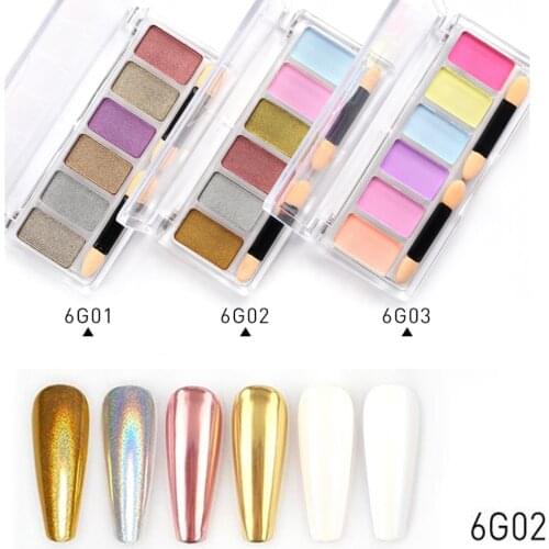 1Box(6Color) Magic Mirror Solid Chrome Pigment Holographic Solid Eyeshadow Aurora Glitter Powder Palette For UV Gel Nails D41(3)