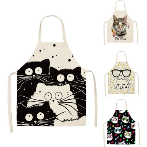 1 Pcs Kitchen Apron Cute Cartoon Cat Printed Sleeveless Cotton Linen Aprons for Men Women Home Cleaning Tools