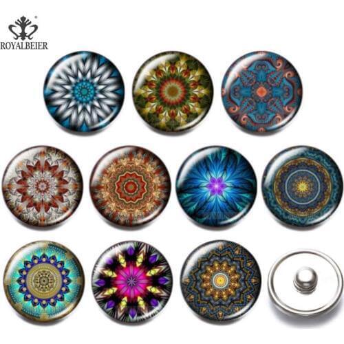 New 10pcs/lot Mandala Disc 18mm Snap Button Jewelry Glass Charms For 18mm/20mm Glass Snaps Bracelet