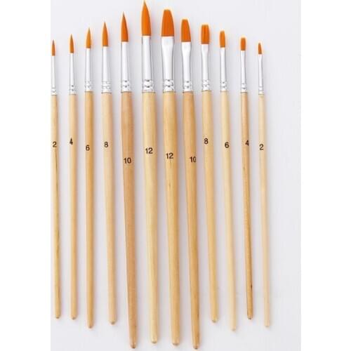 12 pcs/set Paint Brush Different Size Log Color Nylon Hair Oil Painting Brushes for Watercolor Acrylic Drawing Art Supplies