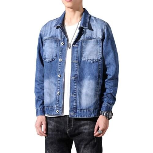 2021 Denim Jacket Men Jeans Coat Cotton Lapel Long Sleeve Single-Breasted Large Size Light Blue Clothes Bomber Cowboy Brand