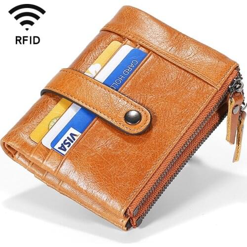Anti-Theft 100% Genuine Leather Men Wallet Small Zipper Pocket RFID Blocking Coin Purse Male Credit Card Holder