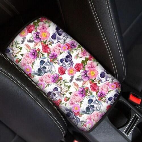 INSTANTARTS Stylish Sugar Skull Design Car Center Pad Easy to Install Car Armrest Cover Protector Durable Car Armrest Pad 2020