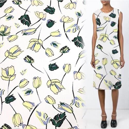 Cartoon floral print white pure silk crepe de chine silk fabric 17momme 137cm width,SCDC1290