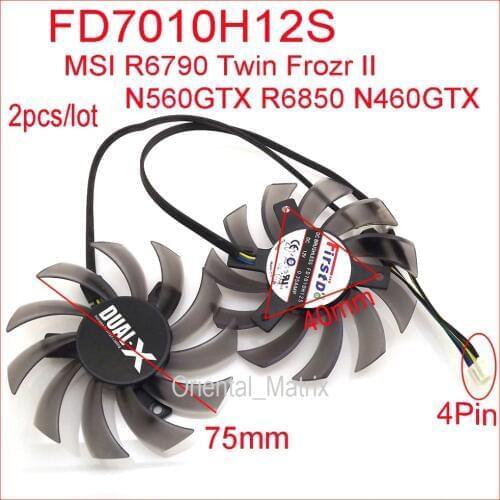 Free Shipping 2pcs/lot FD7010H12S 75mm DC12V 0.35A For N560GTX R6790 R6850 N460GTX Twin Frozr II Graphics Card Fan