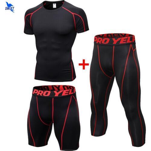 2020 Quick Dry Mens Capris Running Set 3 pcs/set Compression Sport Suit Basketball Tights Clothes Gym Fitness Jogging Sportswear