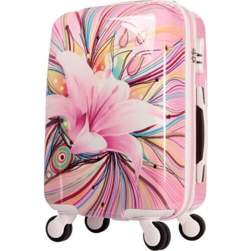 Womens Hard Shell Luggage Girls Pink lily Trolley case Valise Rolling Luggages Expandable Lightweight Suitcase 20 Inch TSA Lock