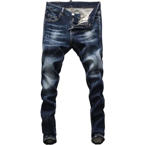 European Vintage Fashion Men Jeans High Quality Retro Dark Blue Slim Ripped Jeans Men Streetwear Painted Designer Denim Pants