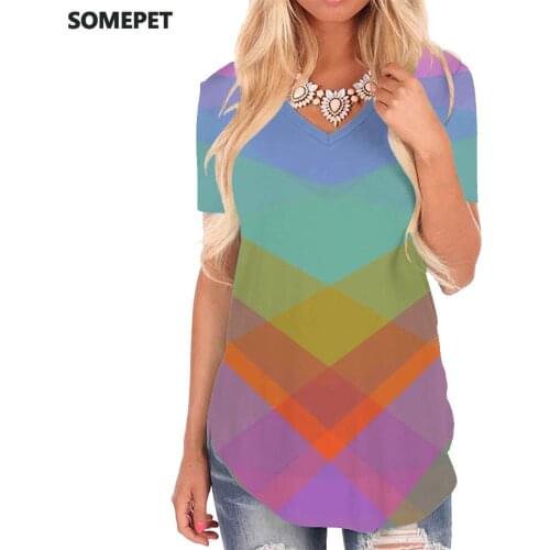 SOMEPET Colorful T-shirt women Geometry Tshirts Printed Rainbow Funny T shirts Abstract V-neck Tshirt Womens Clothing Fashion