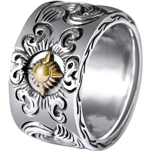 Guaranteed 925 Sterling Silver Jewelry Solar Deity Rings For Men Vintage Flower Pattern Engraved Biker Rings Cool Fashion