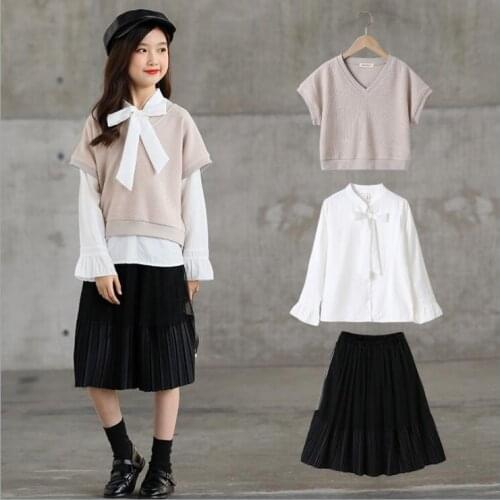 Girls Knitting Vest And Shirts Skirts 3Pcs Sets Elegant Teen Girls Clothing High-grade Girls Designer Clothes 6 8 10 12 Year