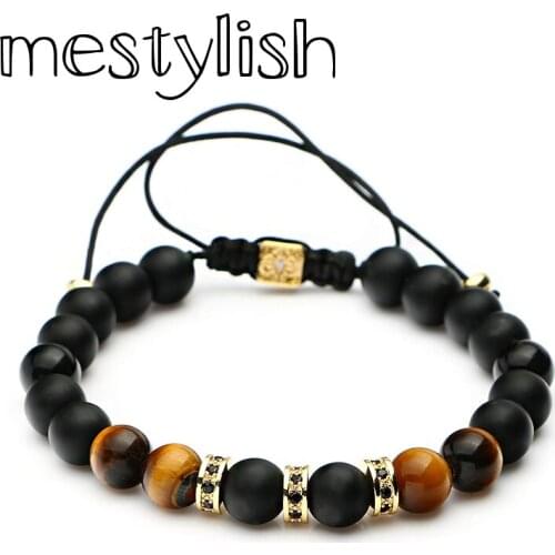 Mestylish 8mm Nature Stone Black White Onyx Beads Tiger Eye Beads Braided Bracelet Zircon Spacer Beads Men Women Bracelet