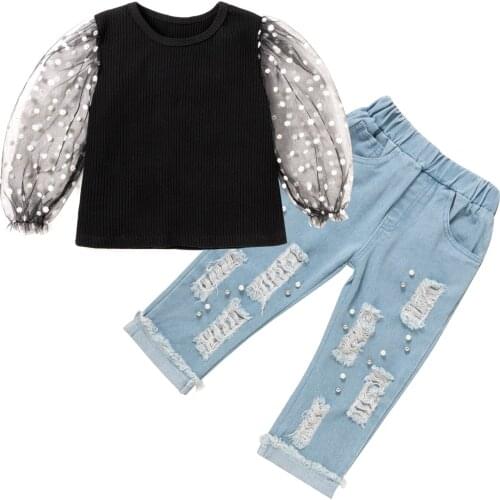 2021 1-6Y Fashion Kids Baby Girl Clothes Daisies Mesh Puff Long Sleeve Black Blouse+Pearls Crimping Holes Denim Pants Fall 2pcs