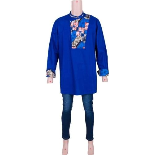 In Stock African Dashiki Shirt Men Tops African Print Clothing Long Sleeve Blue African Clothes for Men Plus Size Clothing XH143
