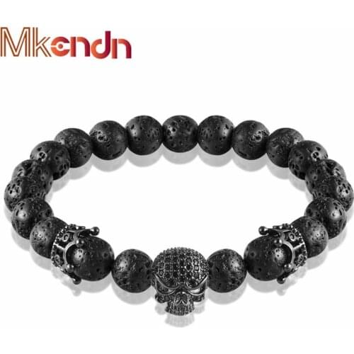 Brand Fashion Natural Beads Strand Bracelet Micro Pave CZ Black Skeleton Skull Corwn Lava Rock Stone Energy Men Buddha Jewelry