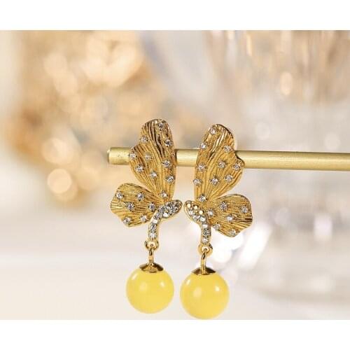 Natural 925 sterling silver gilt butterfly inlaid round beads amber retro temperament amber women earrings 925 earrings