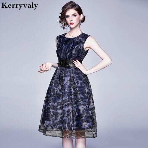 New Sleeveless Vest Organza Gold Thread Summer Dress Vestidos Verano 2021 Mujer Dark Blue Large Pendulum Midi Party Dress K6312