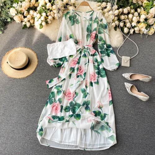 Платье летнее женское2021 Sexy Party Elegant Banquet Dress Sweet Holiday Rose Flower Print Dress Women Chiffon Maxi Dress