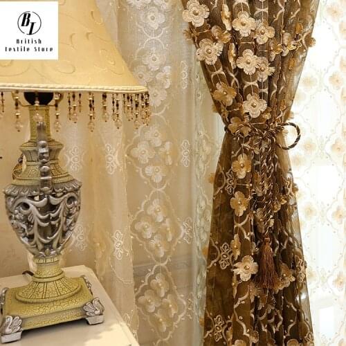 Korean-style Curtains for Living dining room bedroom European-style full version pearl embossed embroidered curtains