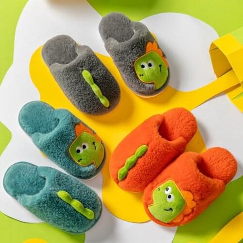 2021 Winter Children Girls Cartoon Dinosaur Slippers Indoor Home Fleece Warm Slippers Boy Funny Soft Anti-slip Home House Shoes