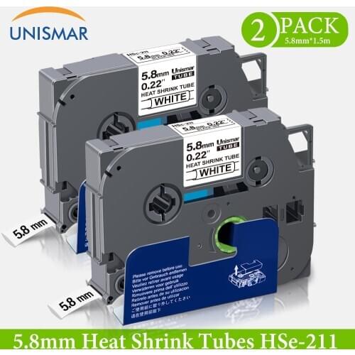 Unismar 2PK 5.8mm Heat Shrink Tube HSe-211 HSe211 HSe 211 Black on White Replace for Brother PTE300 PTE500 PTE550W Label Maker
