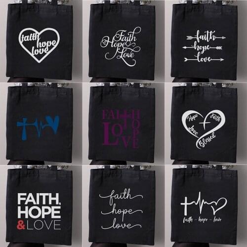 Faith Hope Love 2021 Ladies Handbags Canvas Tote Bag Women Black Shopping Handbag Eco Reusable Shoulder Shopper Grocery Bags