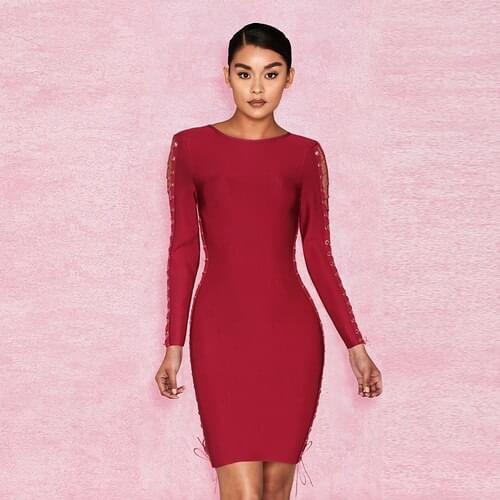 High Quality Red Black Long Sleeve Side Hollow Out Rayon Bandage Dress Sexy Cocktail Party Mood Dress