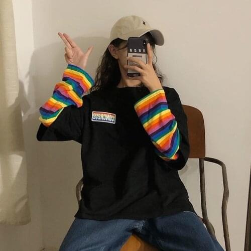 QWEEK Korean Fashion Rainbow Striped Long Sleeve T-shirt for Women 2021 Autumn White Tops Tee Shirt Female Kpop Alt Clothes