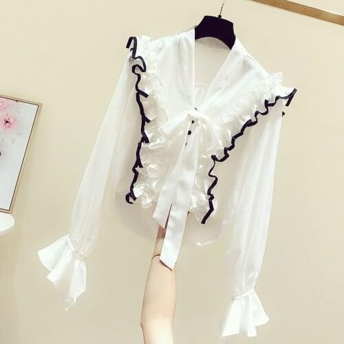 Chiffon Ruffles Patchwork Women Shirts Flare Sleeved Solid Office Lady Elegant Outwear Tops