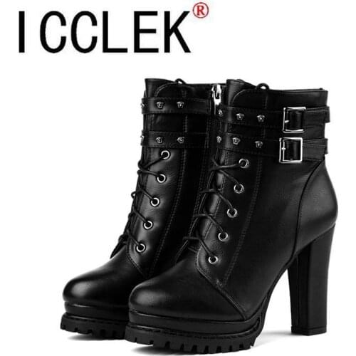 Women Autumn Ankle Boots Sexy Office High Heels Platform Boots Round Toe Leather Booties Black Pumps Ladies Party Shoes New 2021