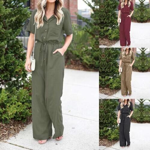 Womens Jumpsuits ZANZEA 2021 Stylish Summer Overalls Casual Short Sleeve Playsuits Female Button Lapel Rompers Oversized Pants