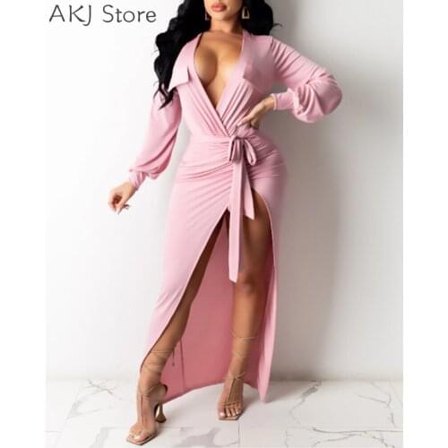 Women Lantern Sleeve Pocket Decor Tied Waist Ruched High Slit Maxi Dress