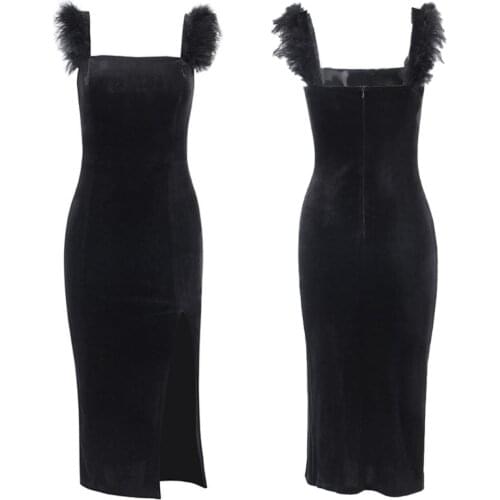 Sexy Women Square Neck Furry Shoulder Sleeveless Side Split Bodycon Midi Dress femme Vintage Summer Bodycon Club Wear Vestidos