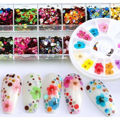 1 Set Mixed Color 3D Ultrathin round Sequins Nail Glitter Flakes or 1 wheel dry flower Nail Art Decorations DIY Accessory Set