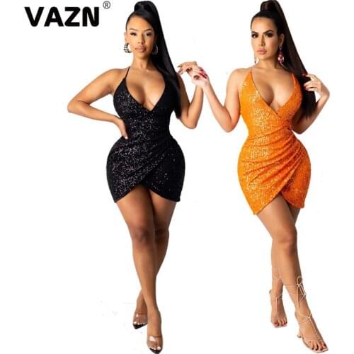 VAZN New 2021 Spaghetti Strap Stretchy Package Hip Bodycon Mini Glitter Dress Slim Dress Club Birthday Shinny Dress
