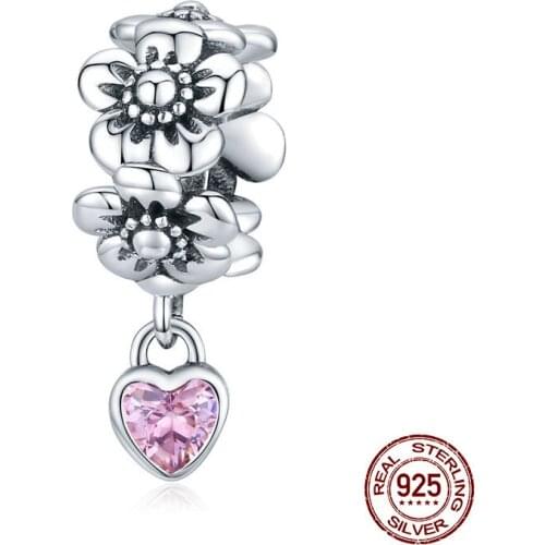 Womak retro love flower charm fit bracelet zircon heart beads for women fashion jewelry making 925 sterling silver charms DIY
