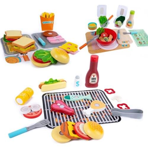 Kids Wooden Kitchen Toys Stimulation Induction Cooker Burger Barbecue Salad Series Children Play House Cooking Pretend Play Set