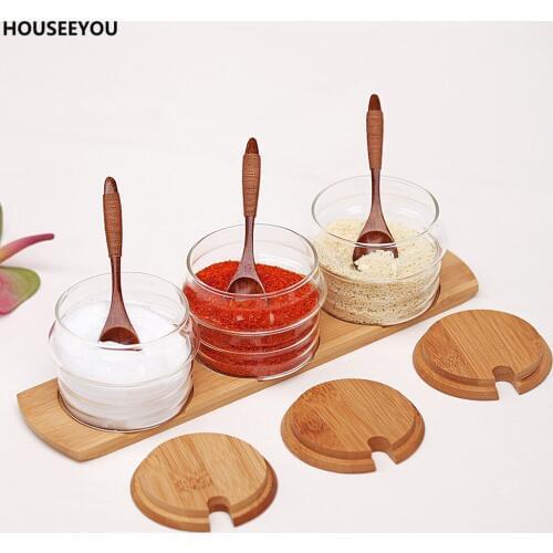 Spice Seasoning Container 3pcs Glass Gravy Boats Kitchen Tools Herb Storage Jars Canister Cruet Salt Sugar Condiment Bamboo Lids